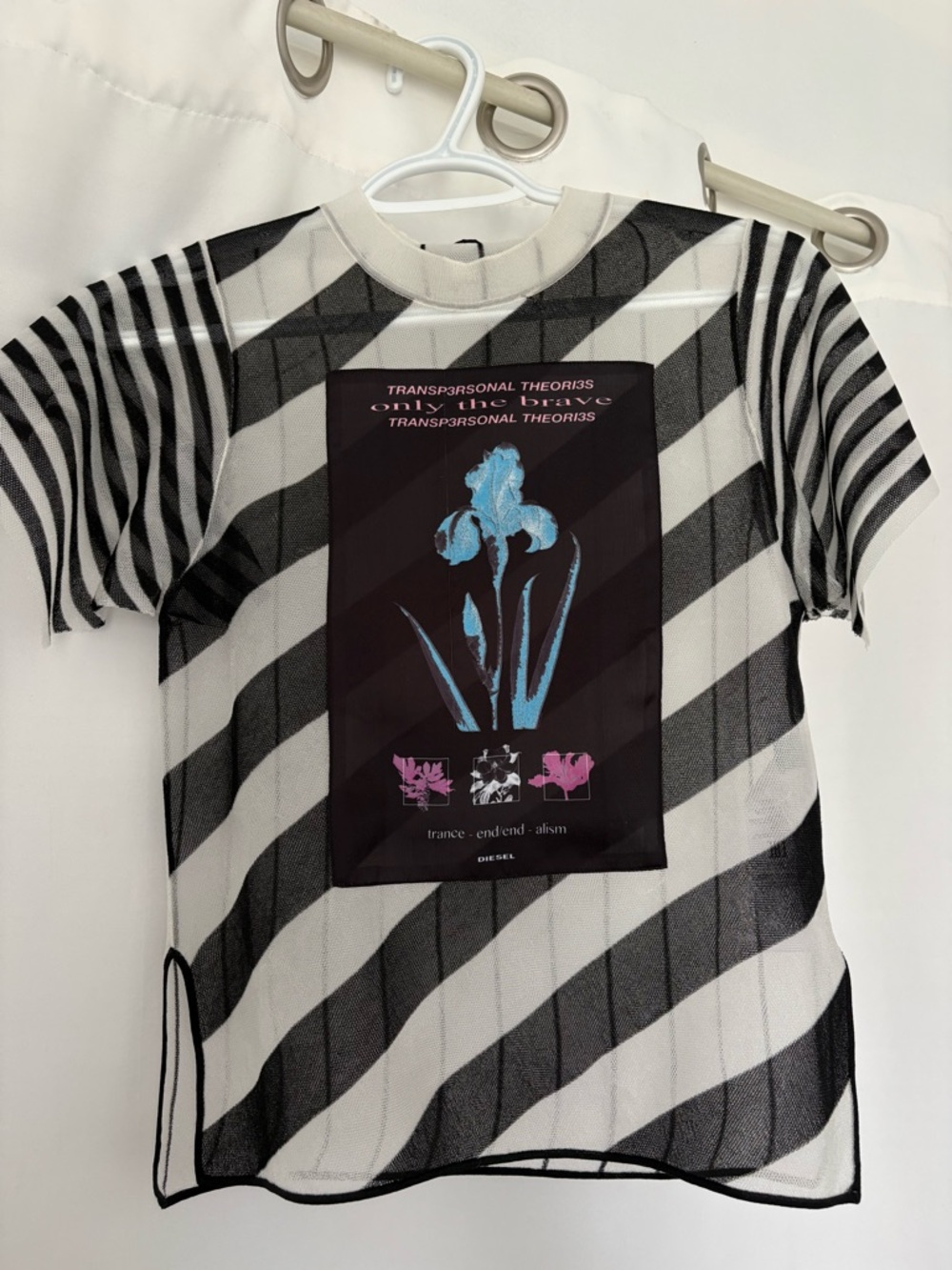 Diesel Black & White Striped Mesh Tee